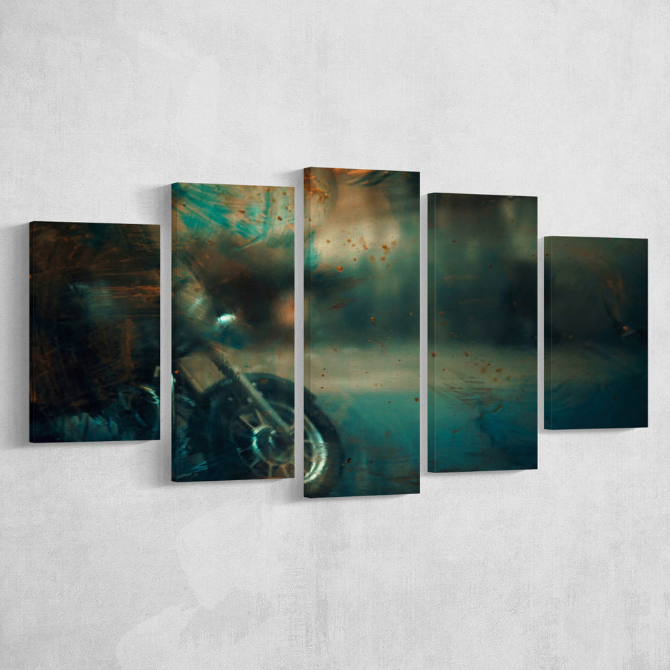 Abstract Motorcycle, Green Waves Painting Multi Panels,Canvas Prints Wall Art Home Decor
