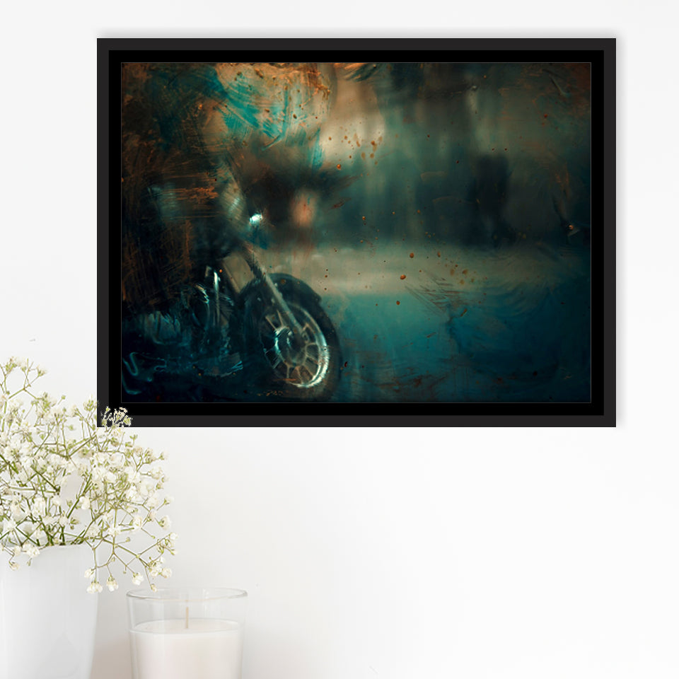 Abstract Motorcycle, Green Waves Painting Framed Canvas Prints Wall Art Decor, Black Floating Frame