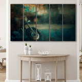 Abstract Motorcycle, Green Waves Painting 5 Panels B,Large Canvas,Canvas Prints Wall Art Home Decor