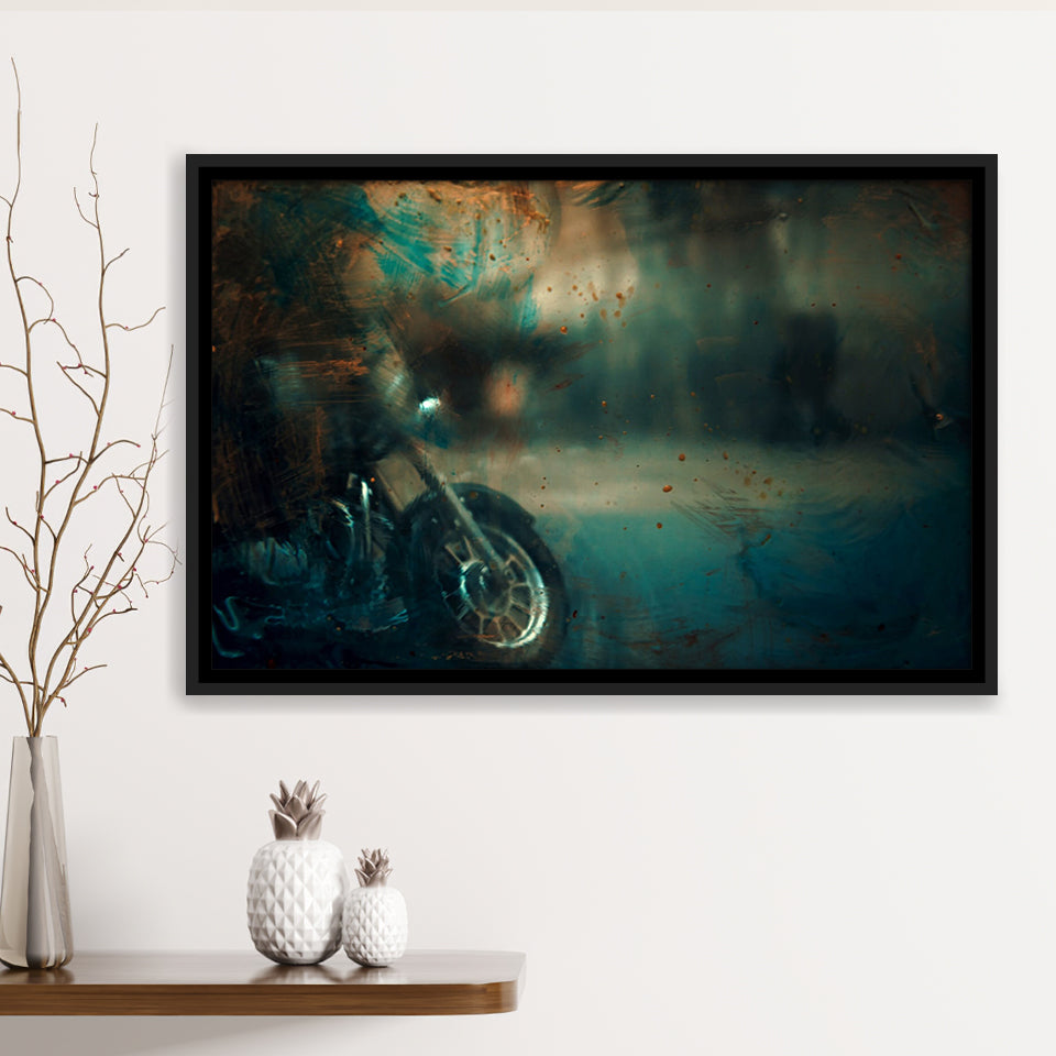 Abstract Motorcycle, Green Waves Painting Framed Canvas Prints Wall Art Decor, Black Floating Frame