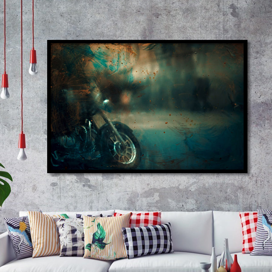 Abstract Motorcycle, Green Waves Painting Framed Art Prints Wall Art Decor,Black Frame, Ready to hang