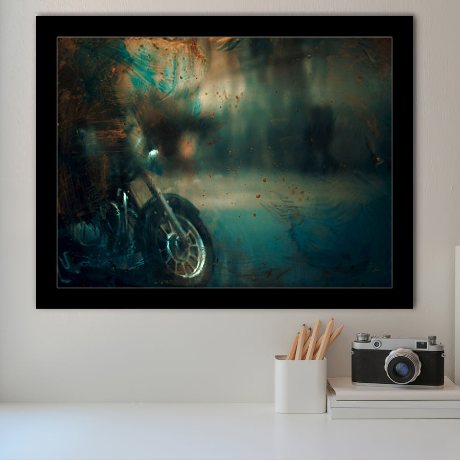 Abstract Motorcycle, Green Waves Painting Framed Art Prints Wall Art Decor,Black Frame, Ready to hang