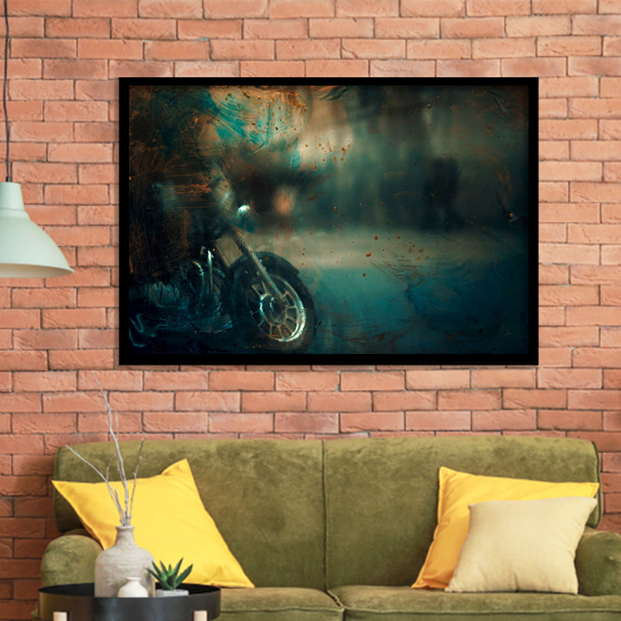 Abstract Motorcycle, Green Waves Painting Framed Art Prints Wall Art Decor,Black Frame, Ready to hang