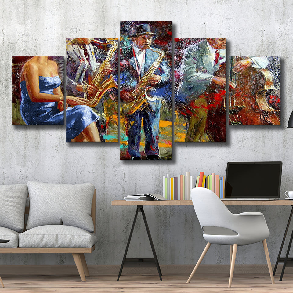 Abstract Music Jazz Band 5 Piece Canvas Prints Wall Art Decor, Multi Panels, Mixed Canvas