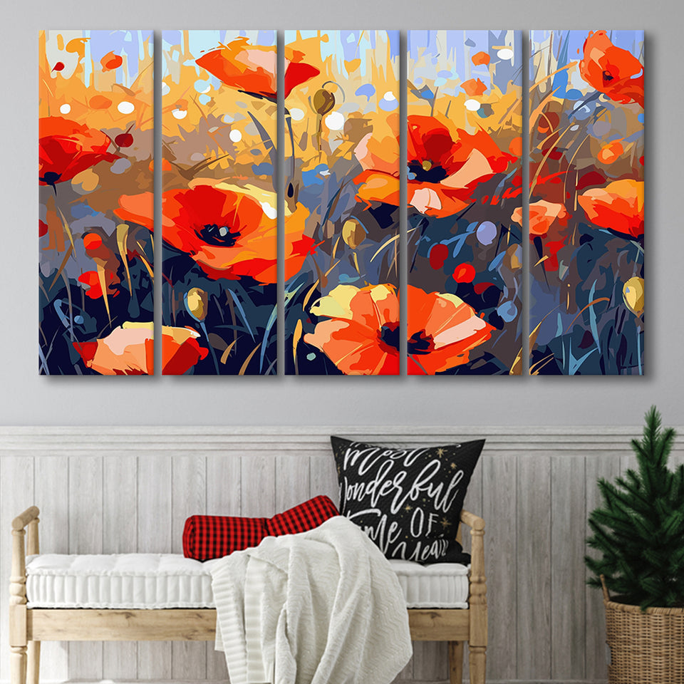 Abstract Poppy Field Wall Art, Poppy Fields, 5 Panel B Canvas Prints Wall Art, Extra Large Canvas Decor