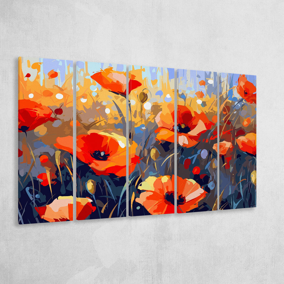 Abstract Poppy Field Wall Art, Poppy Fields, 5 Panel B Canvas Prints Wall Art, Extra Large Canvas Decor