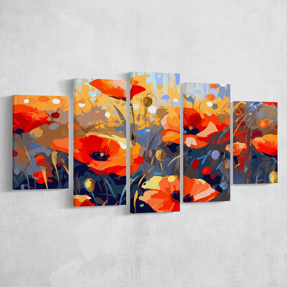 Abstract Poppy Field Wall Art, Poppy Fields, 5 Panel Canvas Prints Wall Art,Mixed Canvas, Large Canvas
