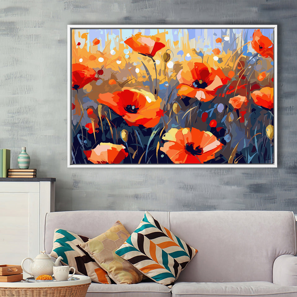 Abstract Poppy Field Wall Art, Poppy Fields Framed Canvas Prints Wall Art, Floating Frame, Large Canvas Home Decor
