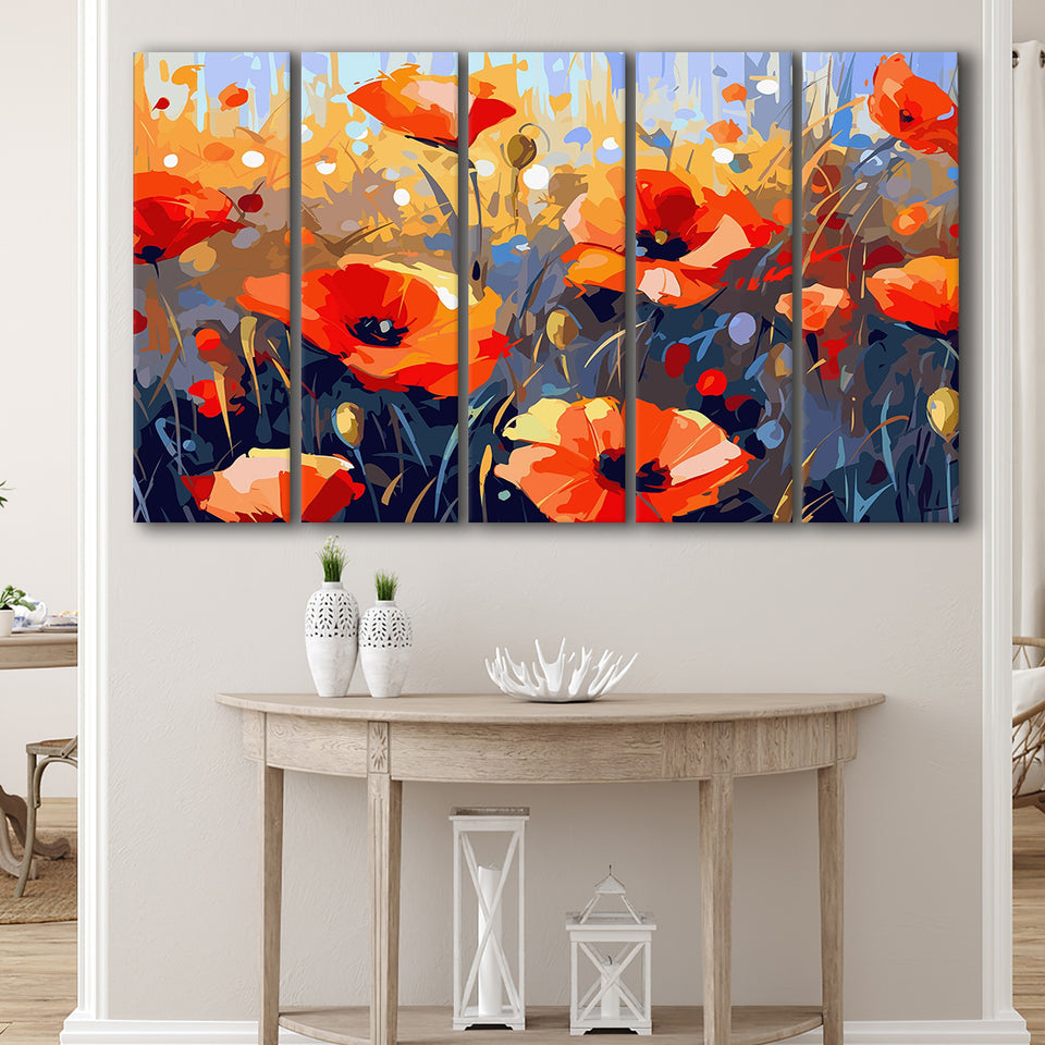 Abstract Poppy Field Wall Art, Poppy Fields, 5 Panel B Canvas Prints Wall Art, Extra Large Canvas Decor
