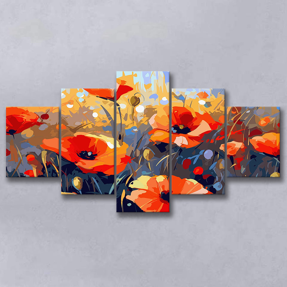 Abstract Poppy Field Wall Art, Poppy Fields, 5 Panel Canvas Prints Wall Art,Mixed Canvas, Large Canvas