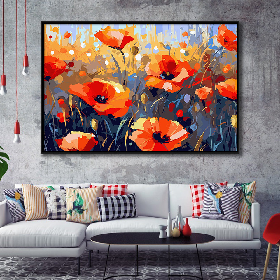 Abstract Poppy Field Wall Art, Poppy Fields Framed Canvas Prints Wall Art, Floating Frame, Large Canvas Home Decor