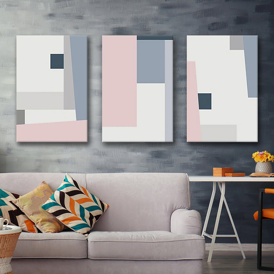 Abstract Squares Geometric Posters Pink Blue Grey Modern Canvas Prints 3 Pieces Wall Art Decor - Painting Canvas, Multi Panel, Home Decor