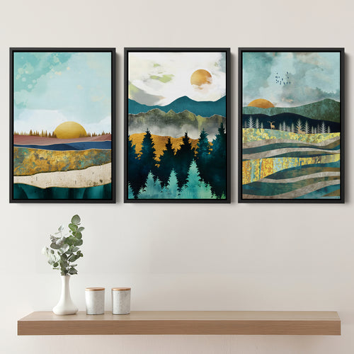 Abstract Sunsets Set of 3 Piece Framed Canvas Prints Wall Art Decor