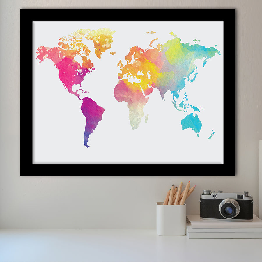 Abstract Watercolor Large World Map, World Map Framed Art Prints Wall Art Decor,Black Frame, Ready to hang