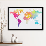 Abstract Watercolor Large World Map, World Map Framed Canvas Prints Wall Art Decor, Black Floating Frame