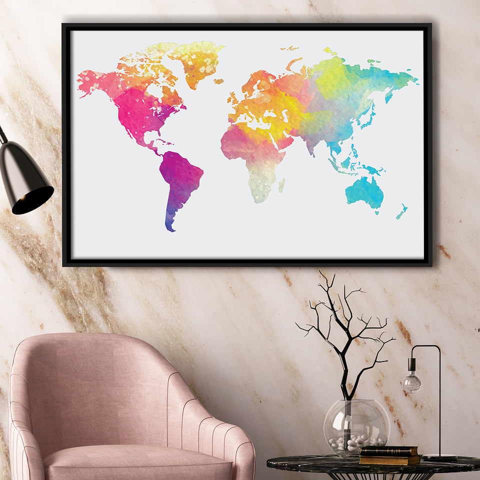 Abstract Watercolor Large World Map, World Map Framed Canvas Prints Wall Art Decor, Black Floating Frame