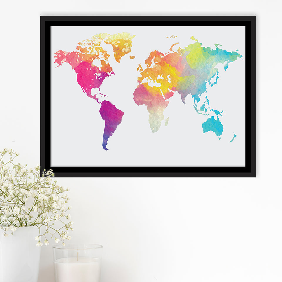 Abstract Watercolor Large World Map, World Map Framed Canvas Prints Wall Art Decor, Black Floating Frame