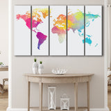 Abstract Watercolor Large World Map, World Map 5 Panels B,Large Canvas,Canvas Prints Wall Art Home Decor