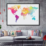 Abstract Watercolor Large World Map, World Map Framed Canvas Prints Wall Art Decor, Black Floating Frame