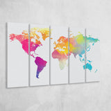 Abstract Watercolor Large World Map, World Map 5 Panels B,Large Canvas,Canvas Prints Wall Art Home Decor