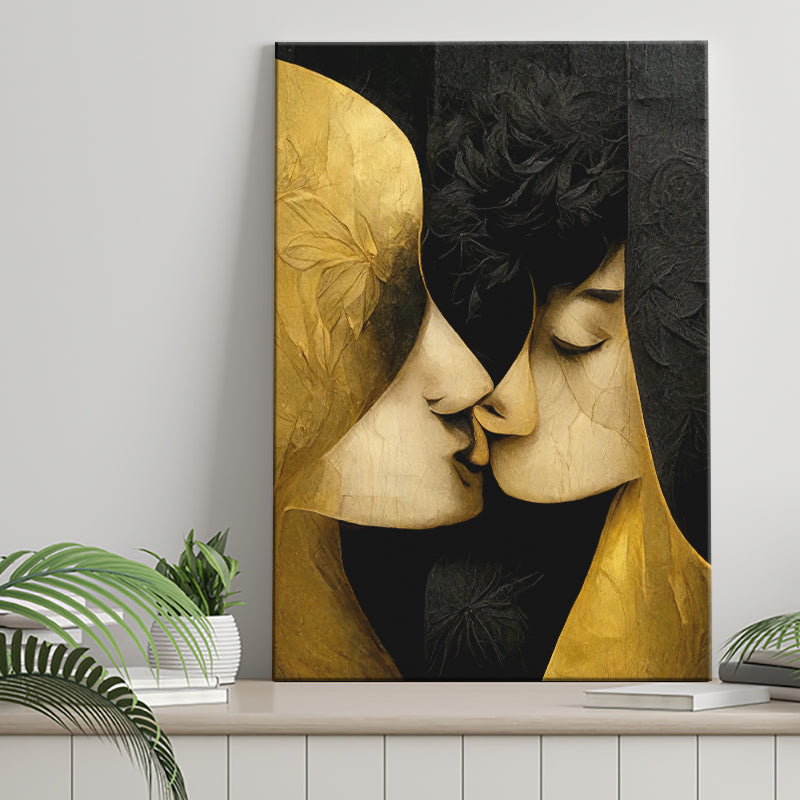 Abstract Art Couple Love Kissing Black And Gold Canvas Prints Wall Art - Painting Canvas, Wall Decor, Home Decor