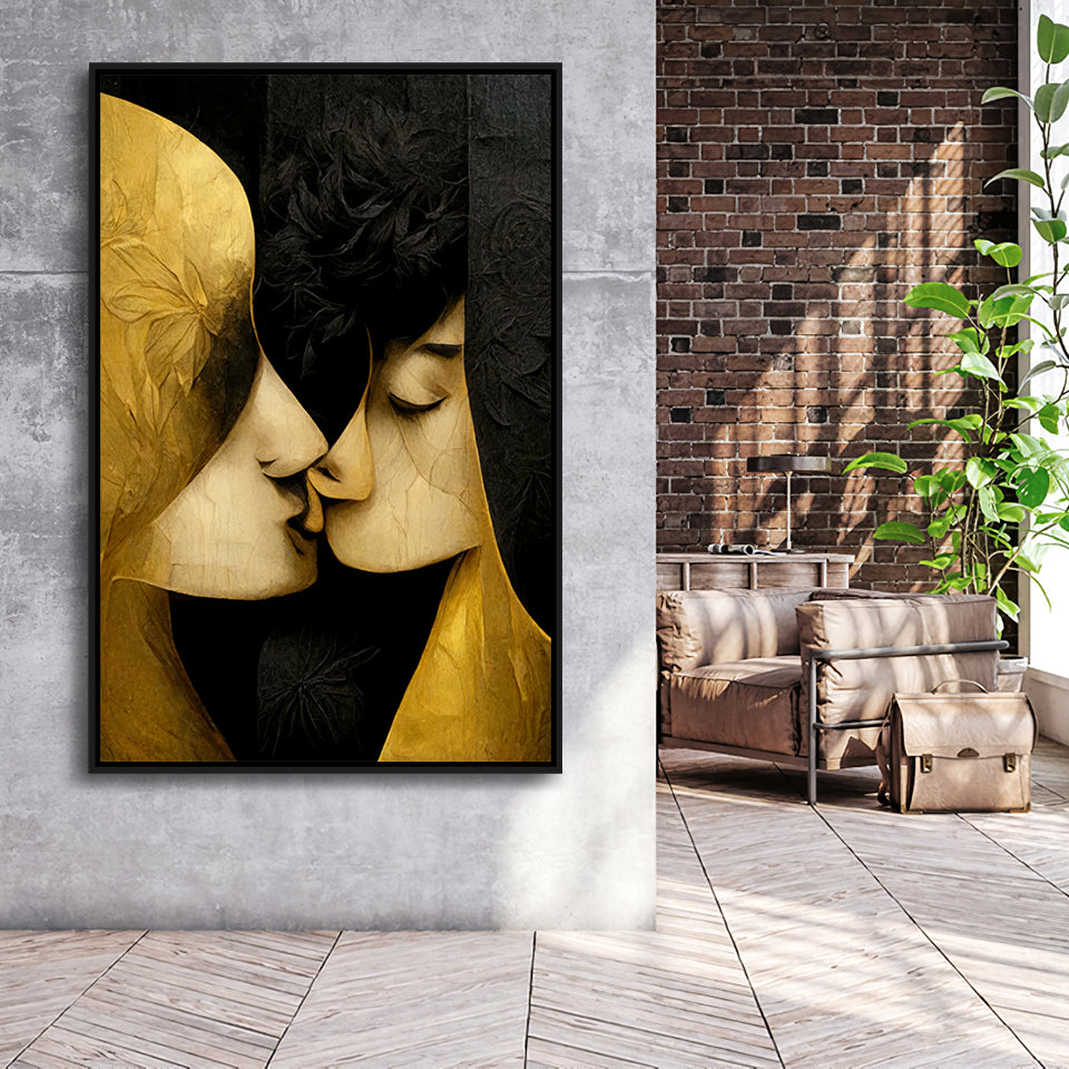 Abstract Art Couple Love Kissing Black And Gold Framed Canvas Prints Wall Art - Painting Canvas, Framed Picture, Home Art Decor