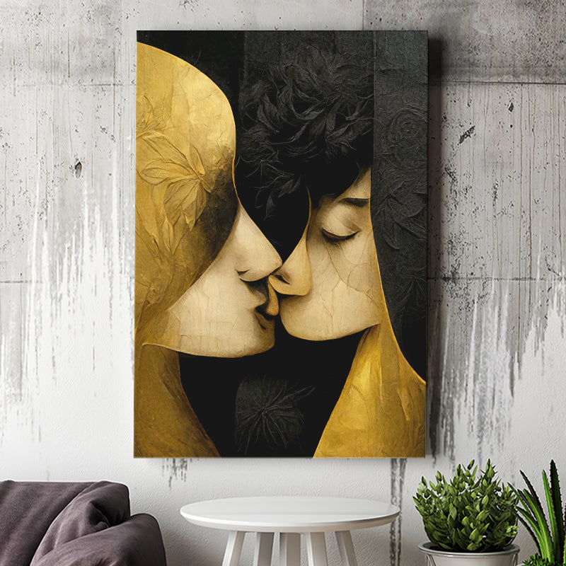 Abstract Art Couple Love Kissing Black And Gold Canvas Prints Wall Art - Painting Canvas, Wall Decor, Home Decor