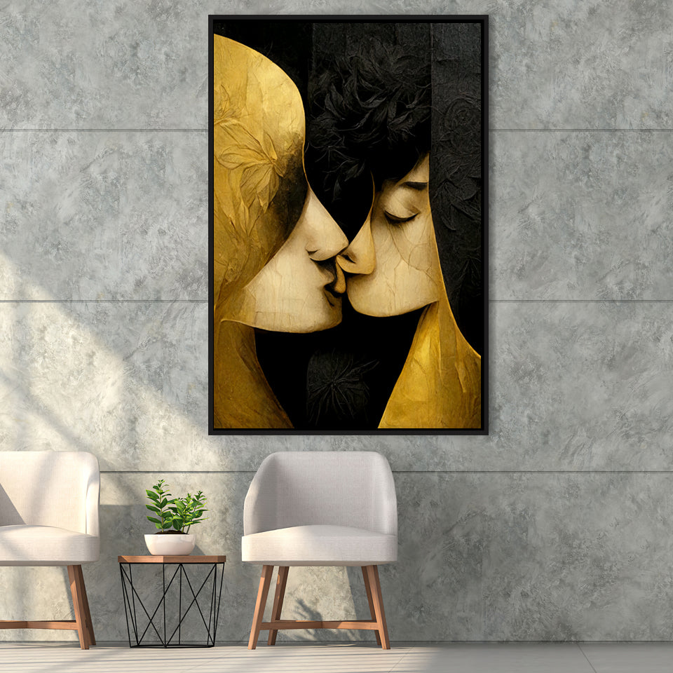 Abstract Art Couple Love Kissing Black And Gold Framed Canvas Prints Wall Art - Painting Canvas, Framed Picture, Home Art Decor