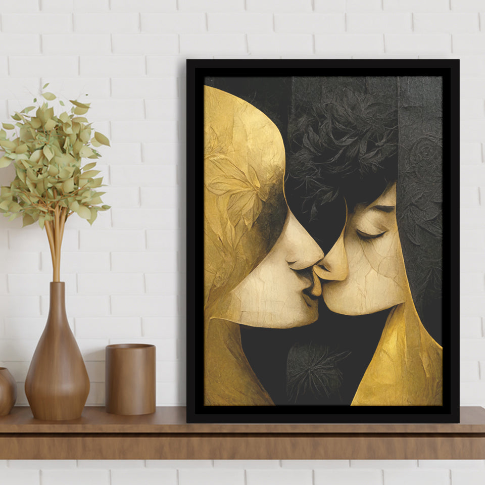 Abstract Art Couple Love Kissing Black And Gold Framed Canvas Prints Wall Art - Painting Canvas, Framed Picture, Home Art Decor