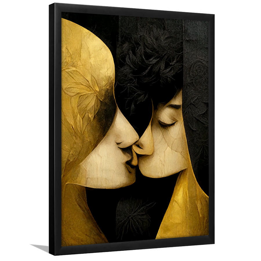 Abstract Art Couple Love Kissing Black And Gold Framed Art Print Wall Decor - Painting Art, Framed Picture, Home Decor