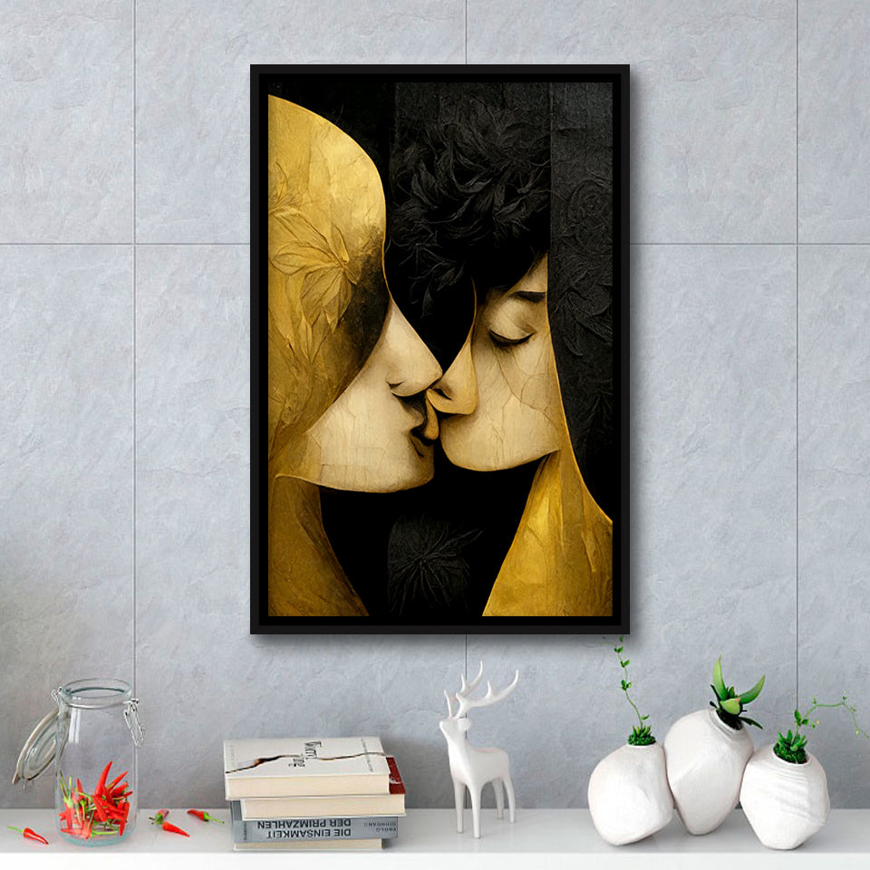 Abstract Art Couple Love Kissing Black And Gold Framed Canvas Prints Wall Art - Painting Canvas, Framed Picture, Home Art Decor