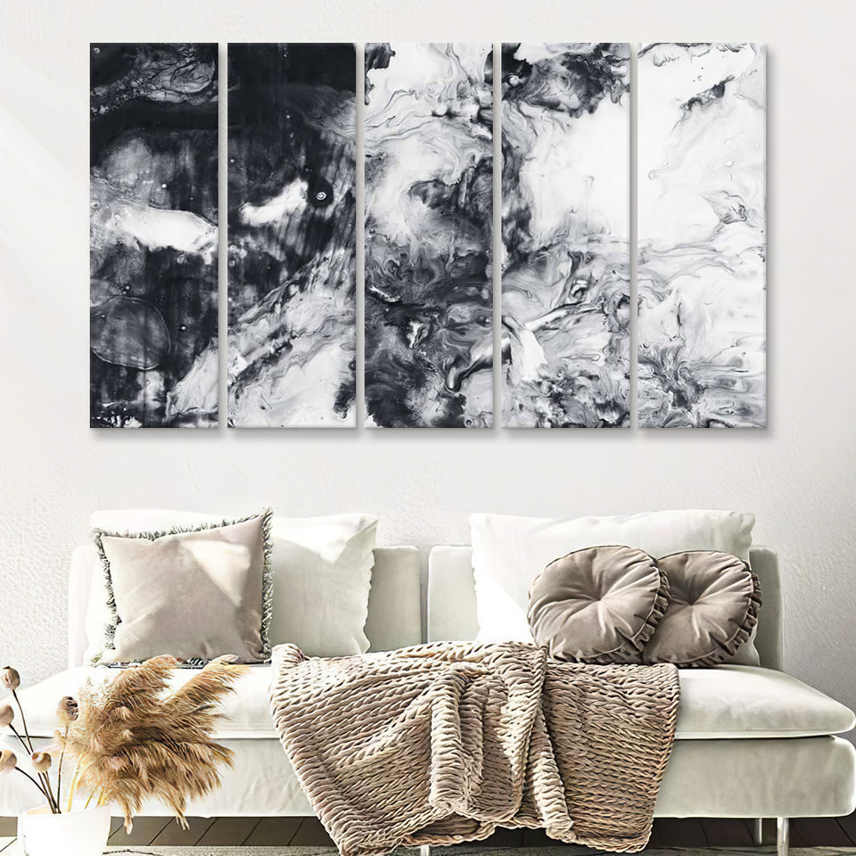 Abstract Hand Painted Black And White Background 5 Pieces Canvas Prints Wall Art - Painting Canvas, Multi Panels, Wall Decor