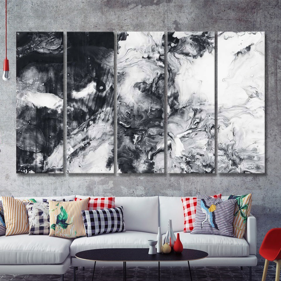 Abstract Hand Painted Black And White Background 5 Pieces Canvas Prints Wall Art - Painting Canvas, Multi Panels, Wall Decor