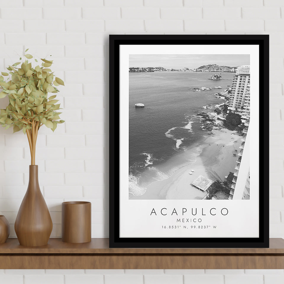 Acapulco Mexico Black And White Art Framed Canvas Prints Wall Art Home Decor, Floating Frame