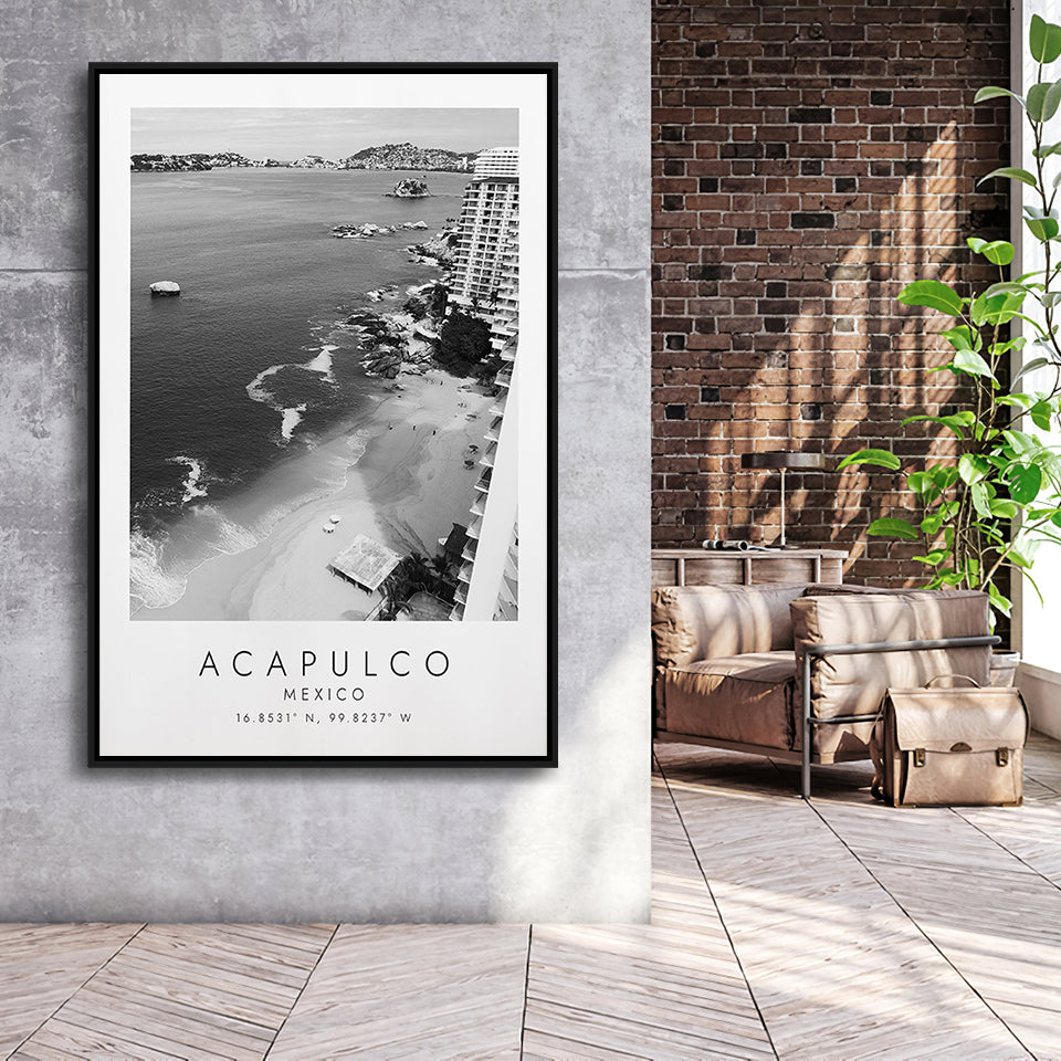 Acapulco Mexico Black And White Art Framed Canvas Prints Wall Art Home Decor, Floating Frame