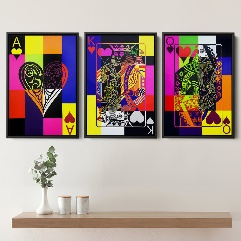 Ace - King - Queen Of Hearts Art Set of 3 Piece Framed Canvas Prints Wall Art Decor