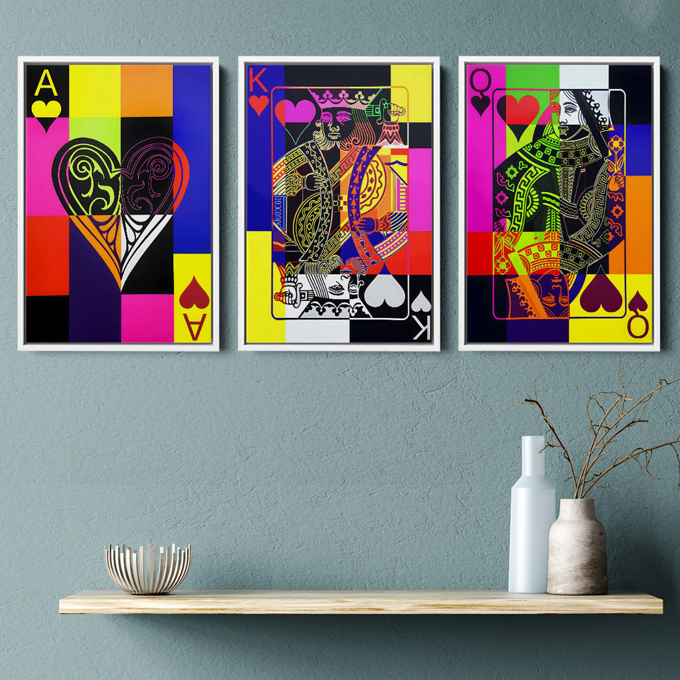 Ace - King - Queen Of Hearts Art Set of 3 Piece Framed Canvas Prints Wall Art Decor