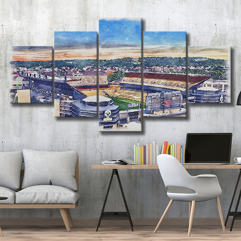 Acrisure Stadium Steelers Stadium Watercolor, 5 Pieces, Multi Panel Canvas Prints Wall Art Decor