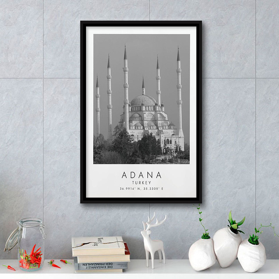 Adana Turkey Black And White Art Framed Canvas Prints Wall Art Home Decor, Floating Frame