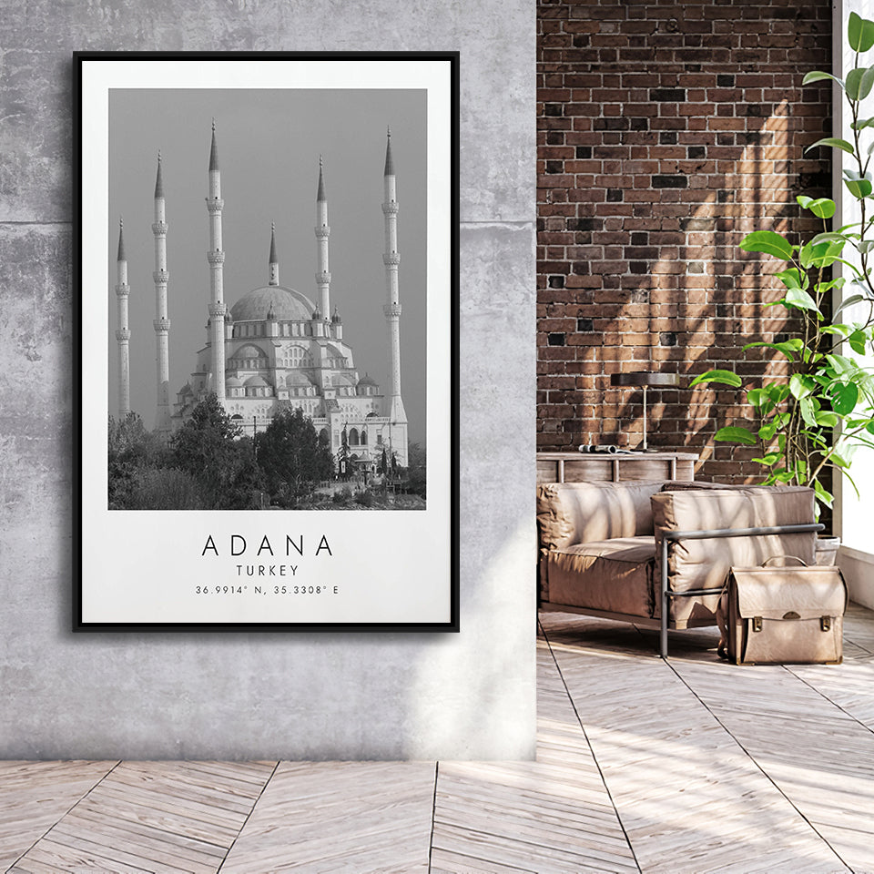 Adana Turkey Black And White Art Framed Canvas Prints Wall Art Home Decor, Floating Frame