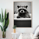 Adorable Raccoon In Bathtube, Bathroom Art,Black And White,Framed Canvas Prints,Floating Frame, Wall Art Home Decor