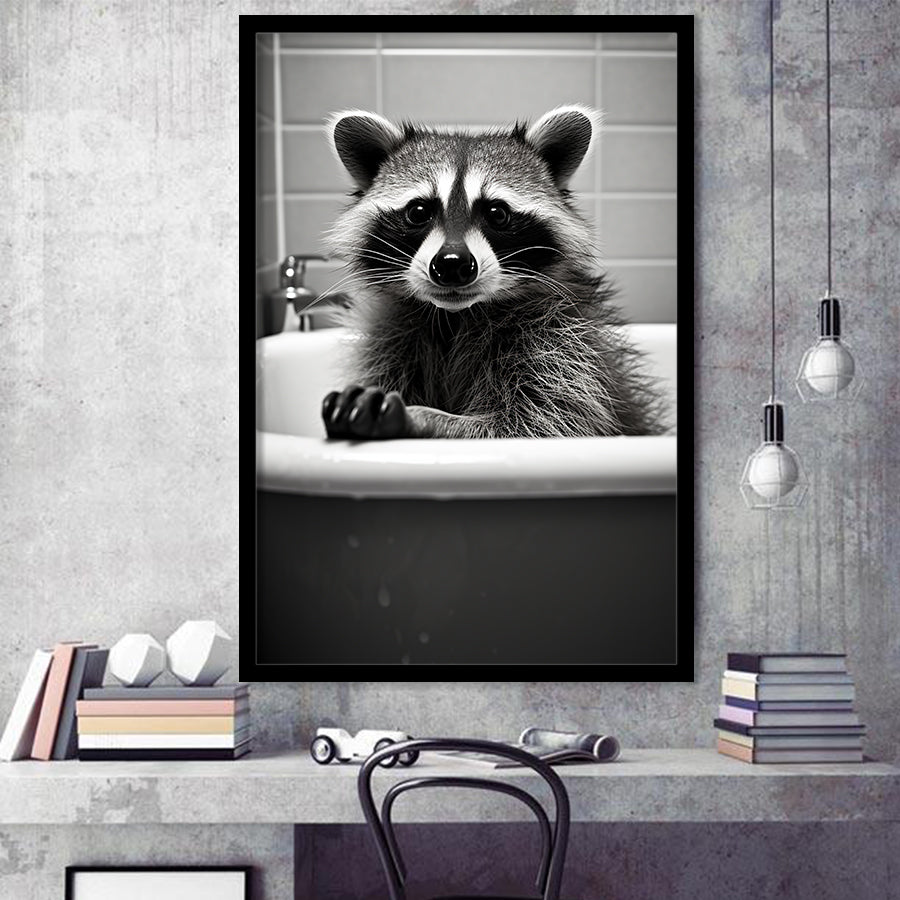 Adorable Raccoon In Bathtube, Bathroom Art,Black And White, Painting Art, Framed Art Prints Wall Decor