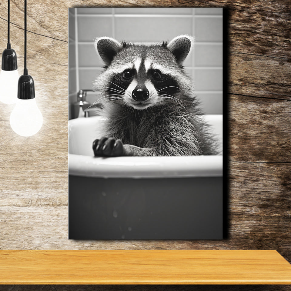 Adorable Raccoon In Bathtube, Bathroom Art,Black And White, Painting Art, Canvas Prints Wall Art Home Decor