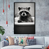 Adorable Raccoon In Bathtube, Bathroom Art,Black And White, Painting Art, Framed Art Prints Wall Decor