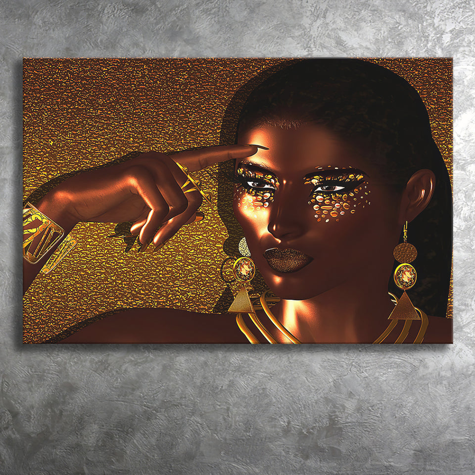 African American Lady in Gold Canvas Prints Wall Art - Painting Canvas, African Art, Home Wall Decor, Painting Prints, For Sale