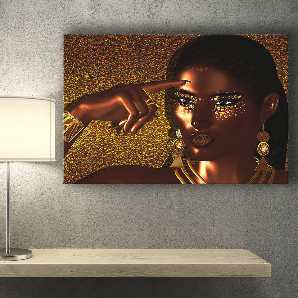 African American Lady in Gold Canvas Prints Wall Art - Painting Canvas, African Art, Home Wall Decor, Painting Prints, For Sale
