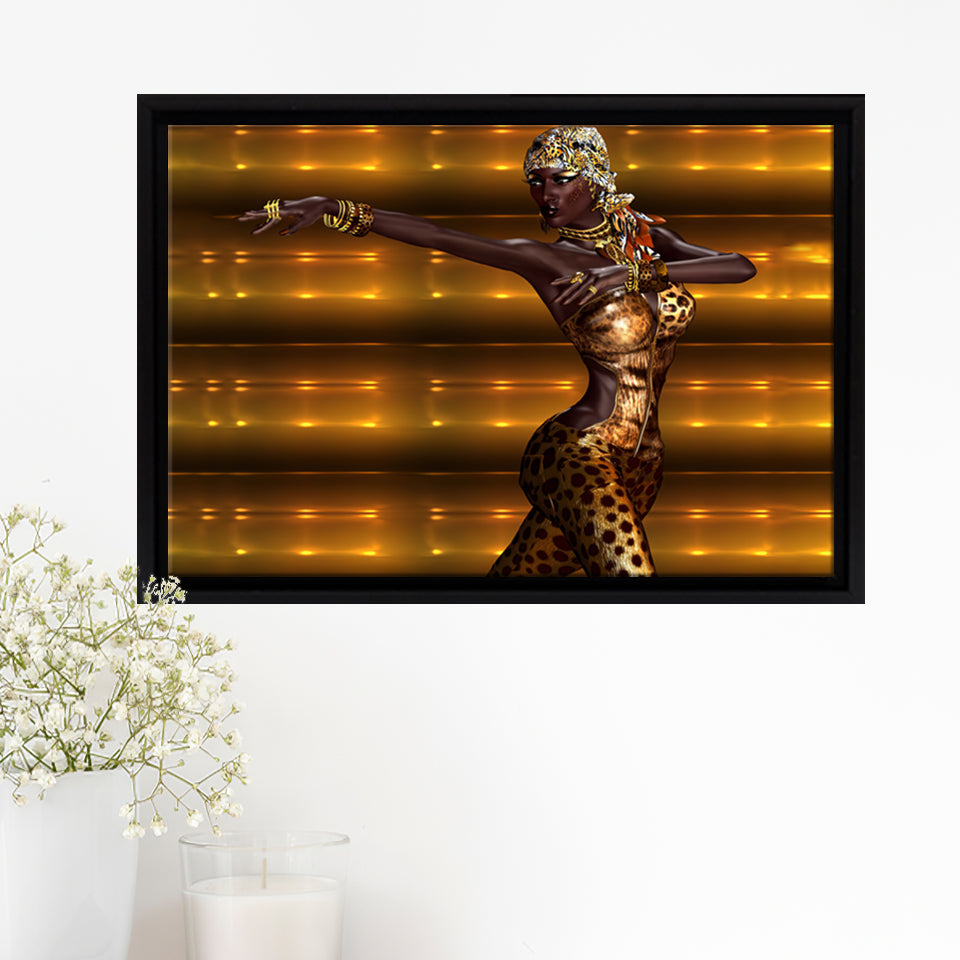 African American Leopard Fashion Framed Canvas Prints Wall Art - Painting Canvas,African Art,Wall Decor, Floating Frame, For Sale