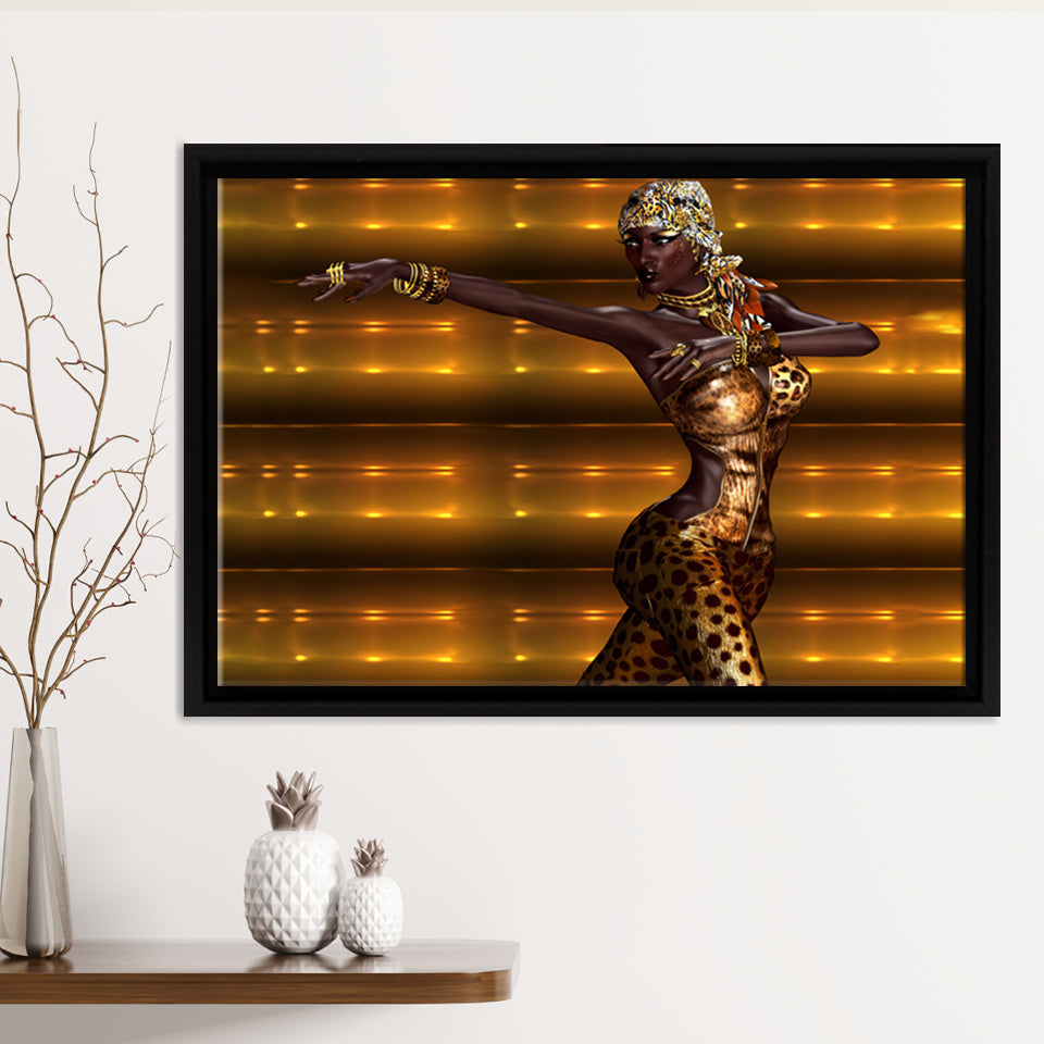 African American Leopard Fashion Framed Canvas Prints Wall Art - Painting Canvas,African Art,Wall Decor, Floating Frame, For Sale
