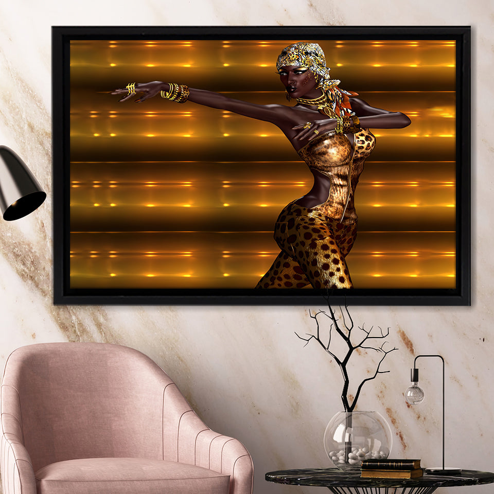 African American Leopard Fashion Framed Canvas Prints Wall Art - Painting Canvas,African Art,Wall Decor, Floating Frame, For Sale
