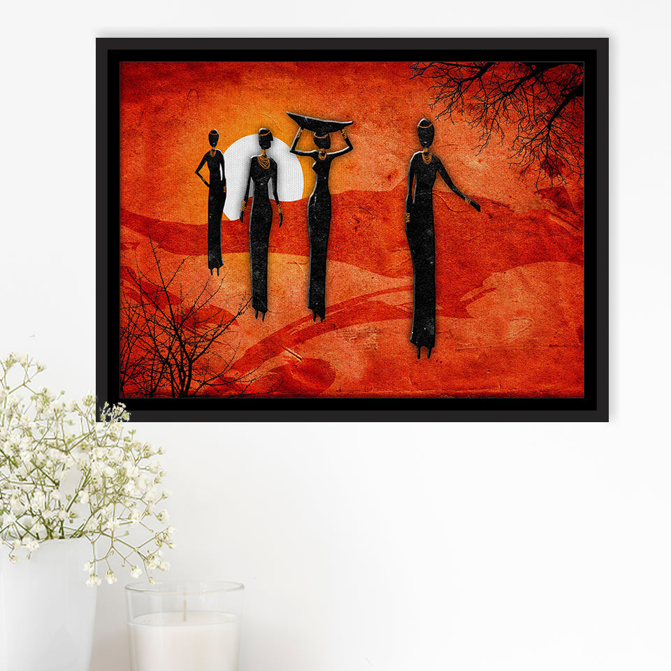 African Art Canvas, African Ladies On A Sunset Retro Art Framed Canvas Prints Wall Art, Floating Frame, Large Canvas